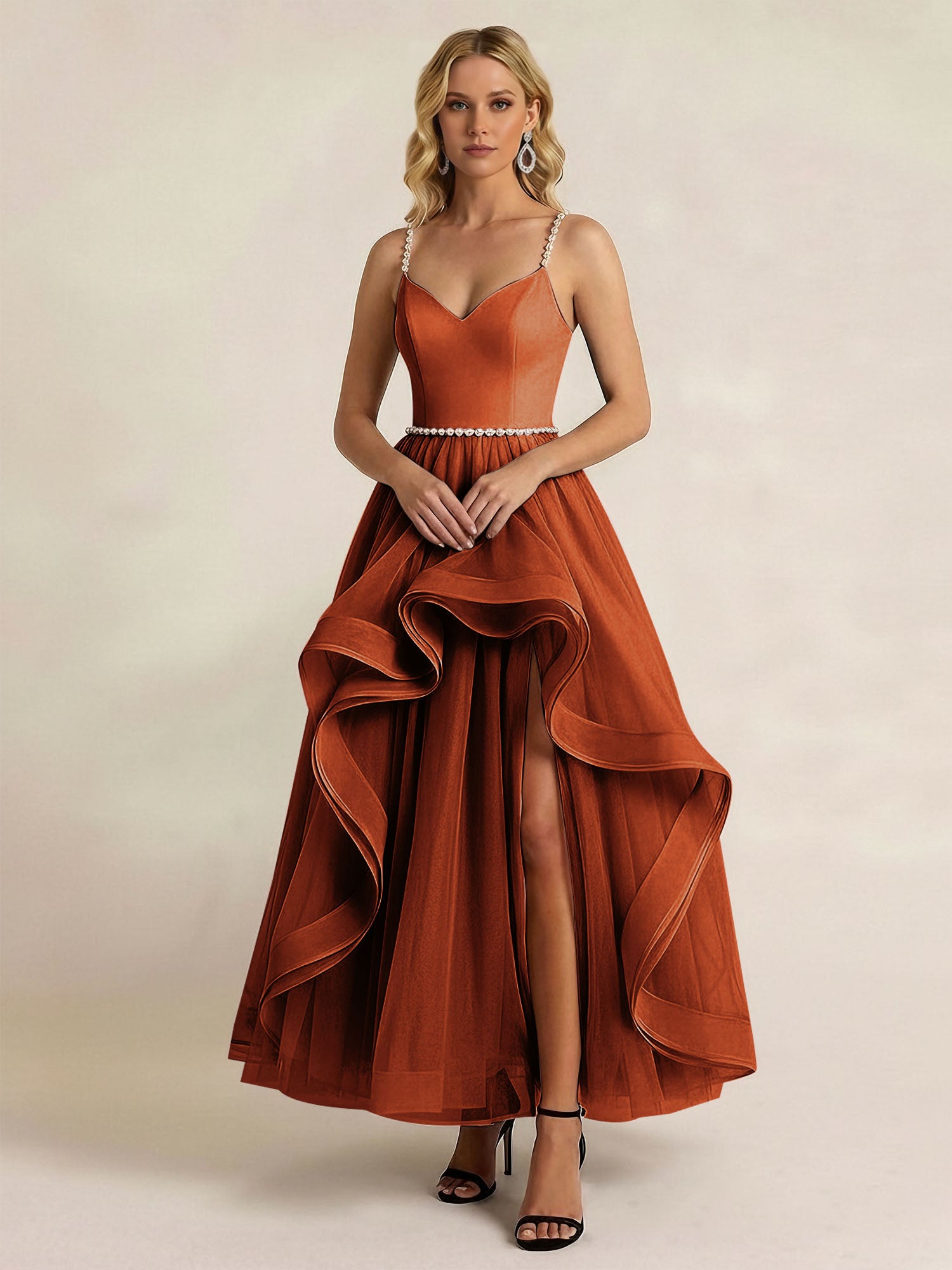 Black Tulle Ruffled A Line Long Formal Dress with Slit