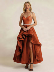 Black Tulle Ruffled A Line Long Formal Dress with Slit