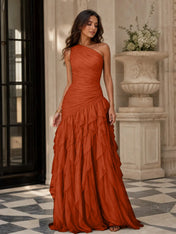 Emerald Green One-Shoulder Ruched Asymmetric Ruffle Chiffon Floor-Length Gown Dress