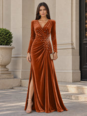 V-Neck Pearl Ruched Burgundy Velvet Floor-Length Evening Dresses with Long Sleeves