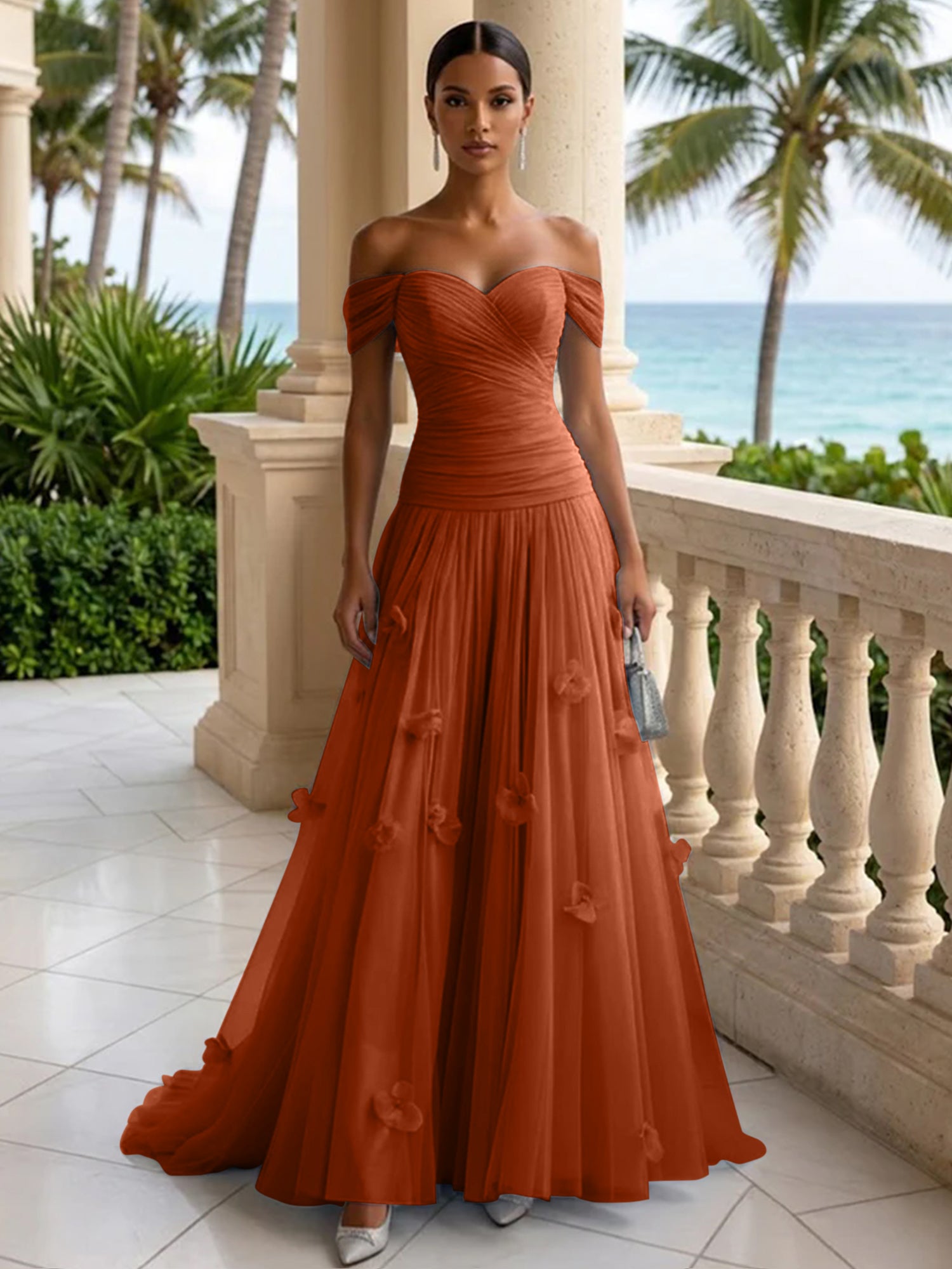 Light Blue Evening Dress with 3D Flower Off The Shoulder Pleat Maxi Dress