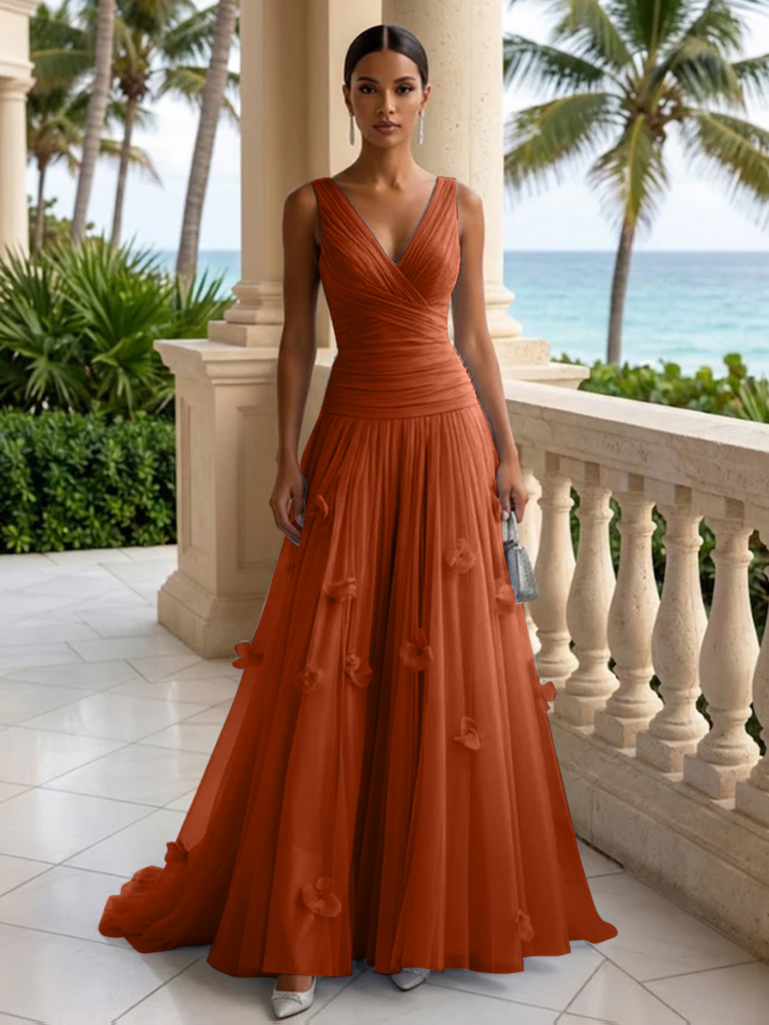 Light Blue Evening Dress with 3D Flower V Neck Pleat Maxi Dress