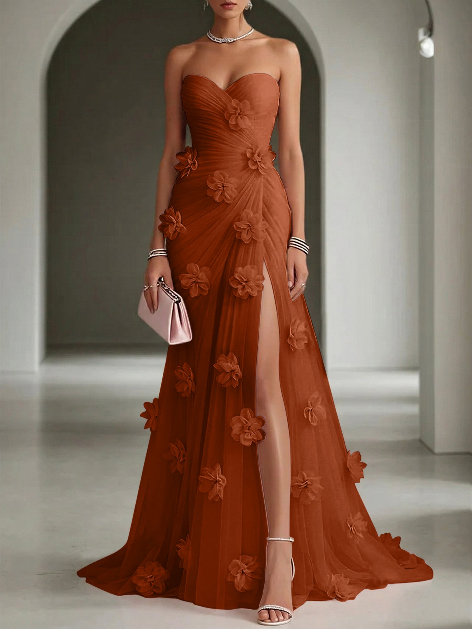 Ethereal Blush Slit 3D Floral Strapless Tulle Gown Dress