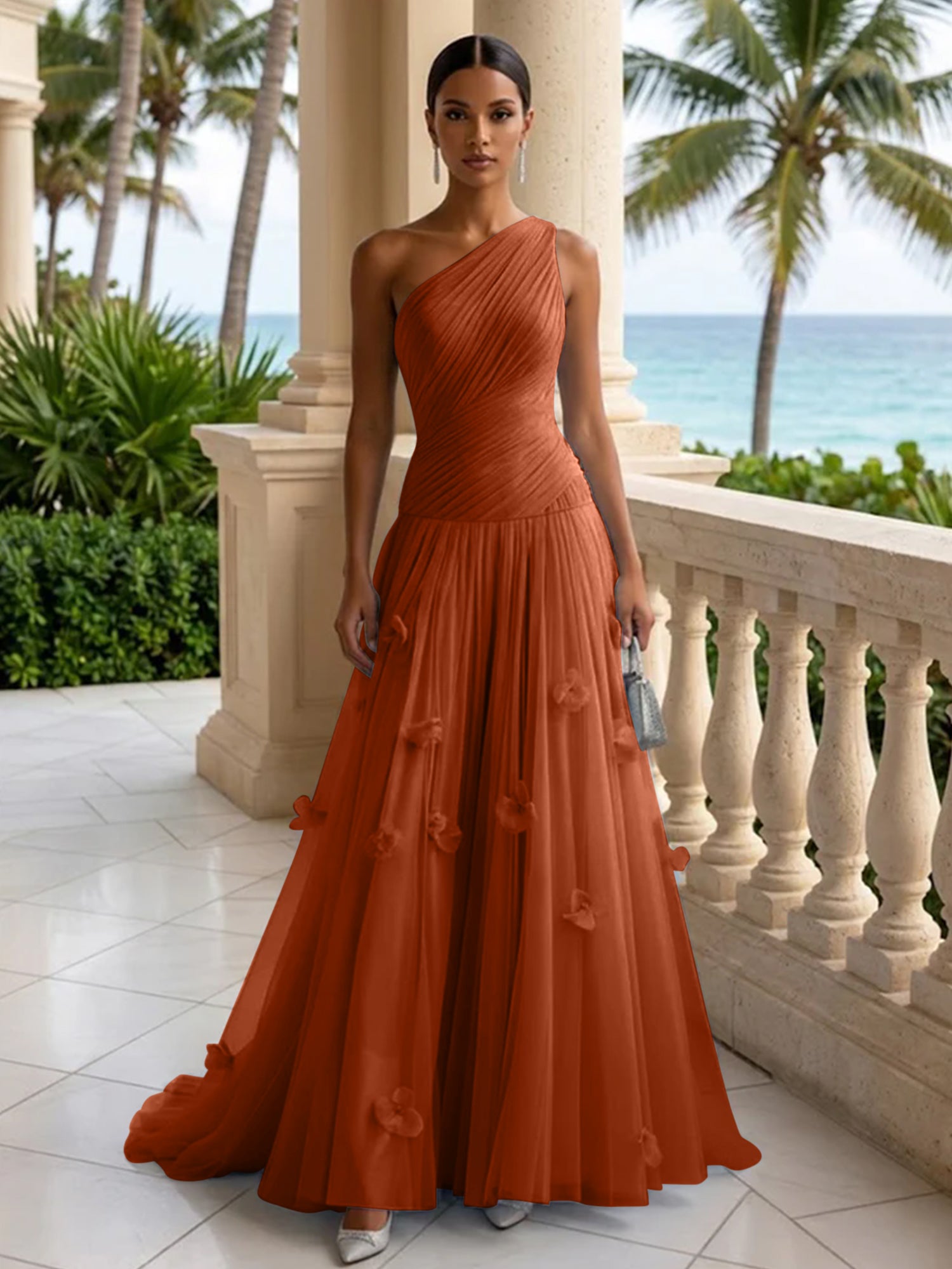 Light Blue Evening Dress with 3D Flower One Shoulder Pleat Maxi Dress