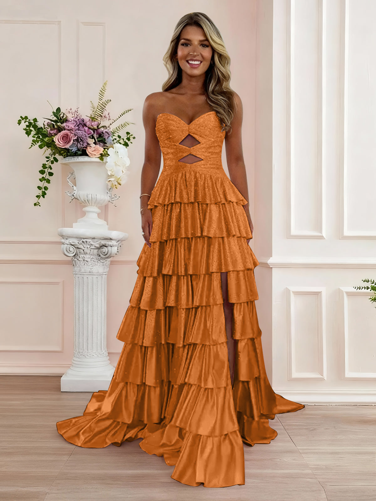 A Line Strapless Sweetheart Satin Prom Dress with Keyhole