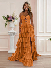 A Line Strapless Sweetheart Satin Prom Dress with Keyhole