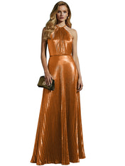 Luxurious Champagne-Gold Pleated Halter Long Prom Dress