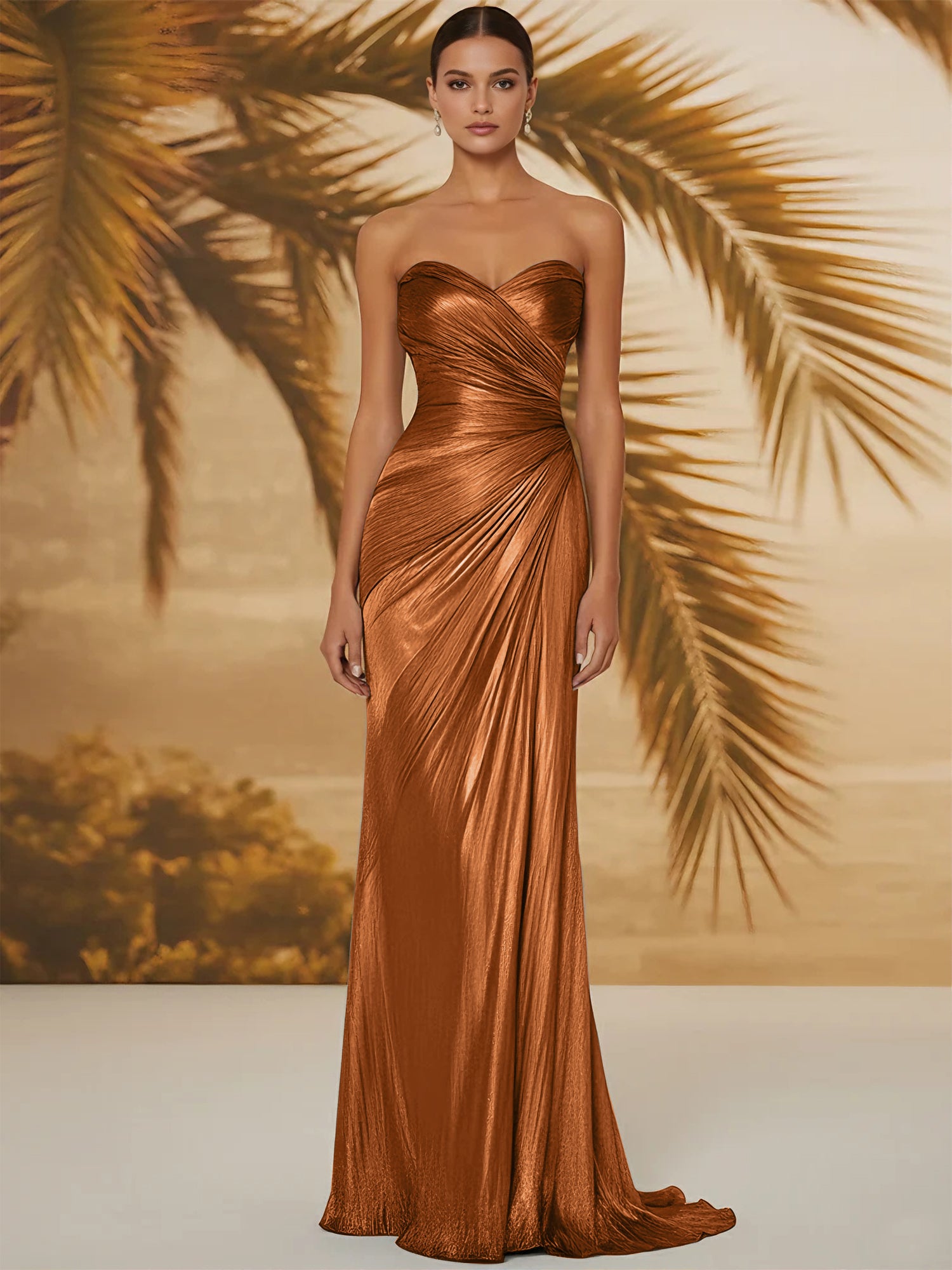 Evening Formal Dress V Neck Silk Ruffles Strapless Maxi Dress