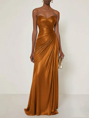 Evening Formal Dress V Neck Silver Silk Ruffles Strapless Maxi Dress