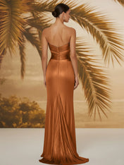 Evening Formal Dress V Neck Silk Ruffles Strapless Maxi Dress