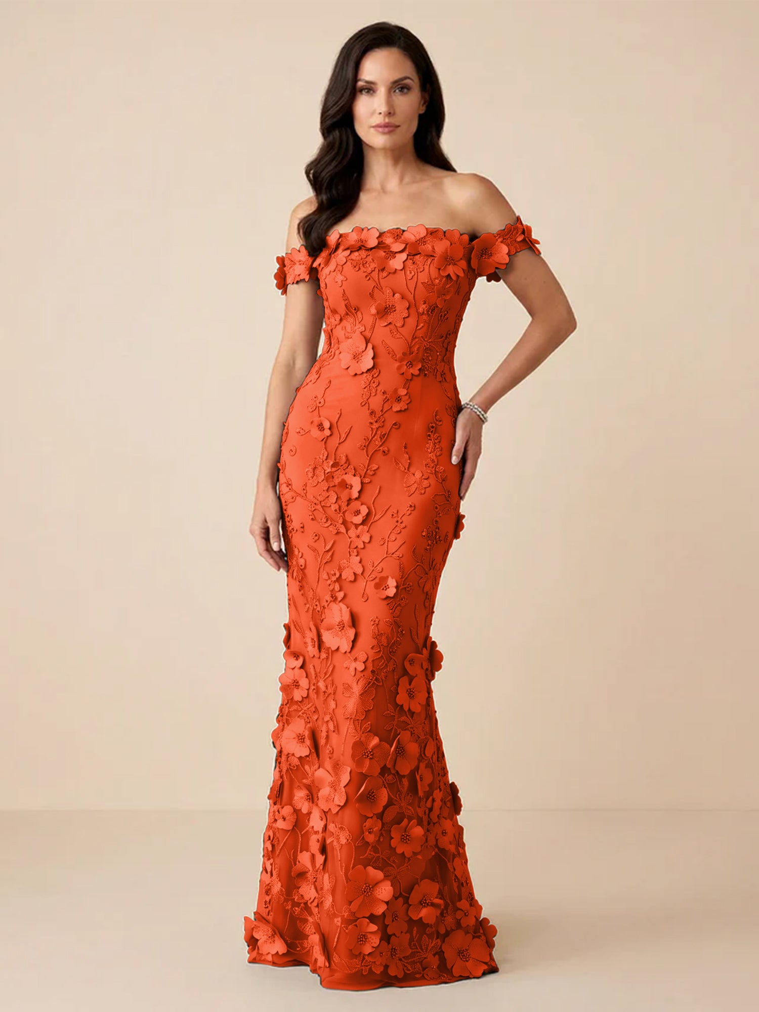 Black Off-the-Shoulder 3D Floral Mermaid Formal Gown Evening Dress