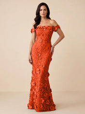 Black Off-the-Shoulder 3D Floral Mermaid Formal Gown Evening Dress