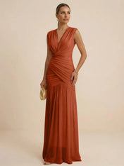 Pink Regular Straps V Neck Chiffon Pleat Mermaid Maxi Dress