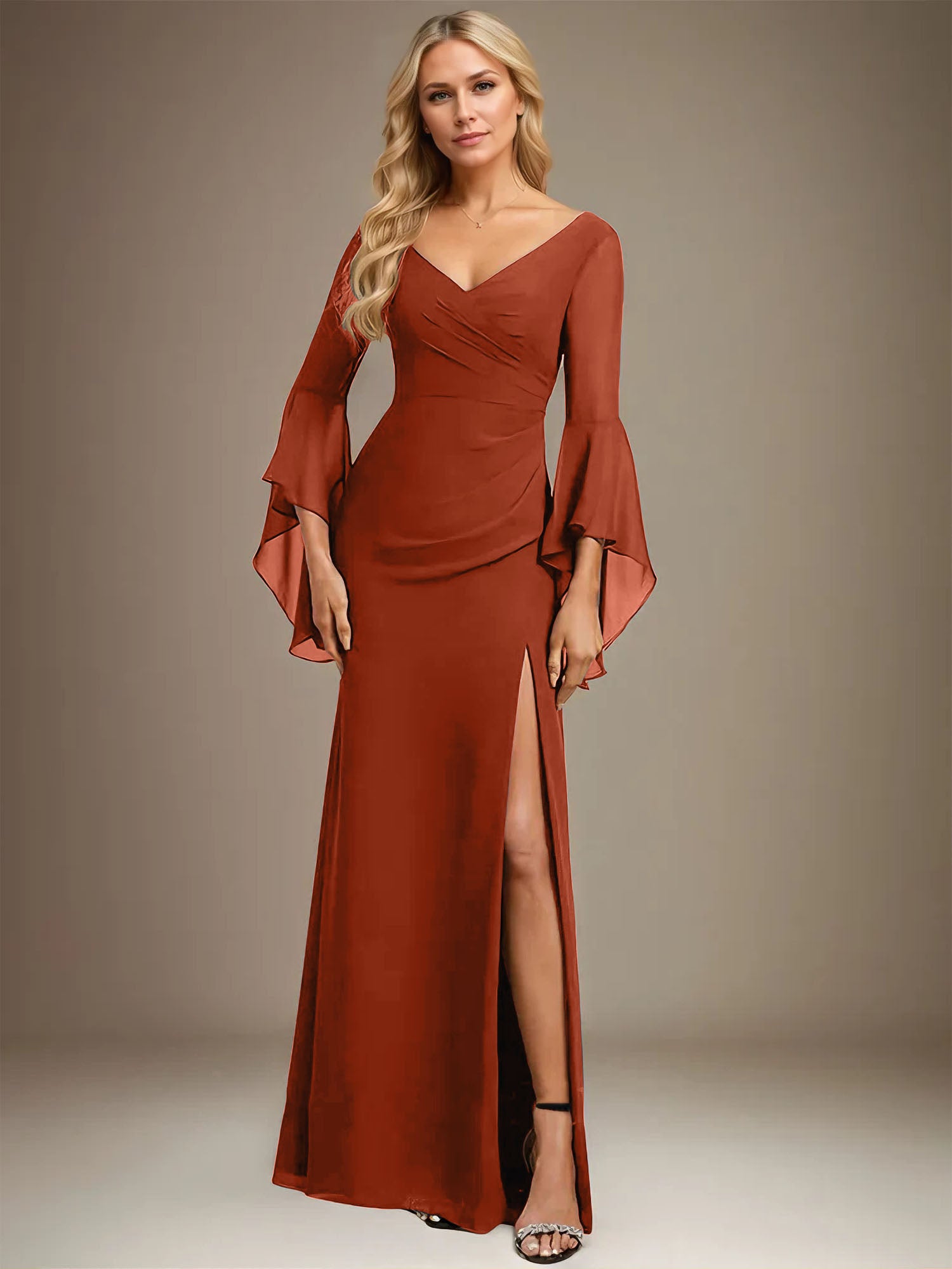 Sheath/Column V-Neck Floor-Length Chiffon Dress With Pleated