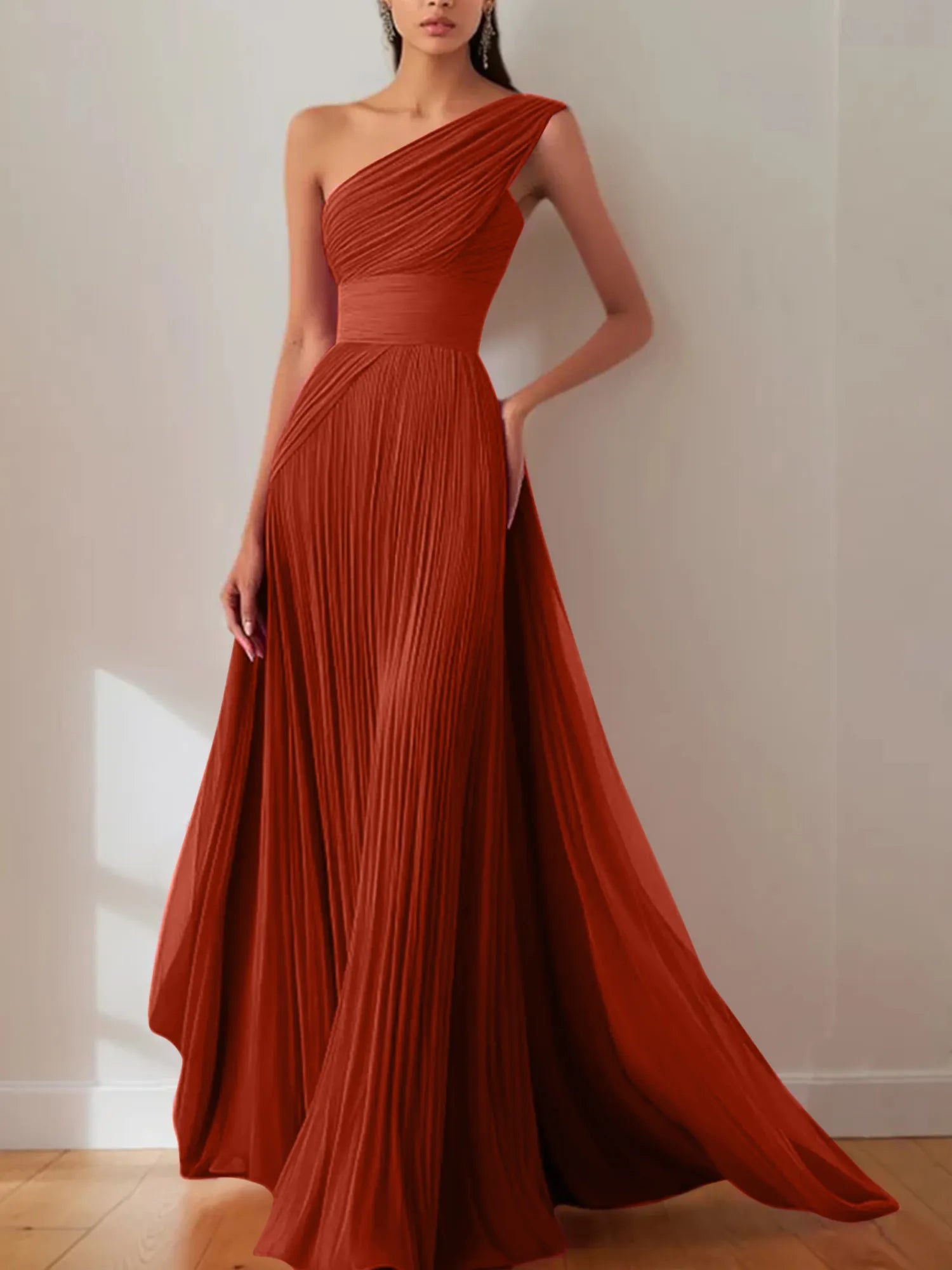 Prom Formal Pleated Dress Rose Color One-Shoulder Maxi Dress