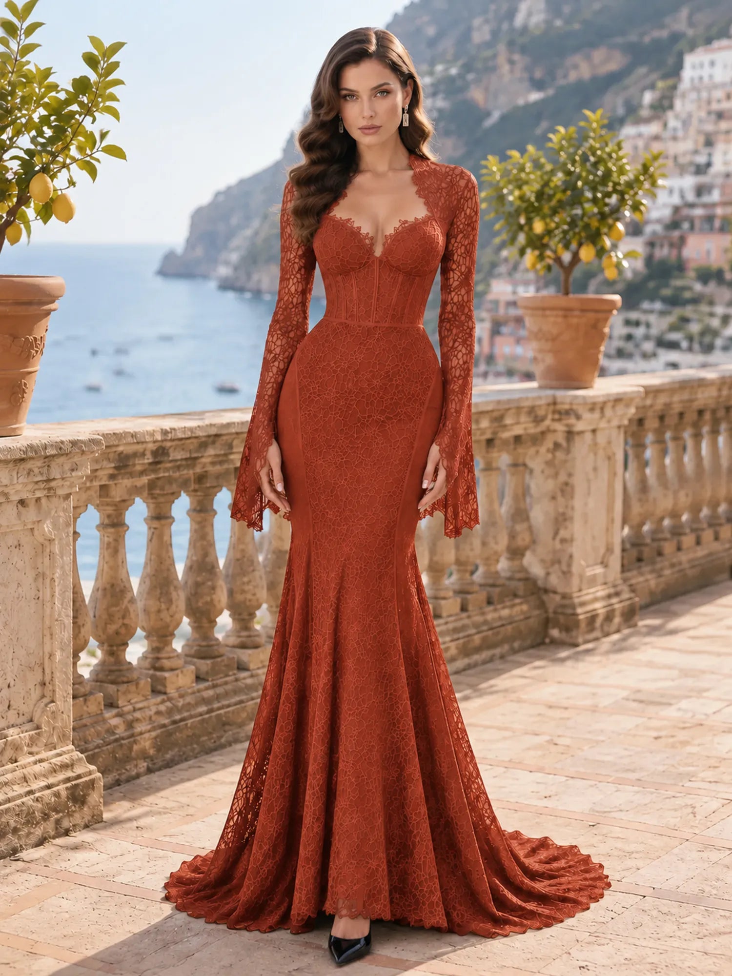 Long-Sleeve Lace-Trimmed Mermaid Evening Dress