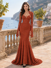 Long-Sleeve Lace-Trimmed Mermaid Evening Dress