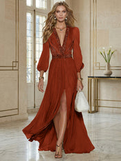 Elegant Beige Chiffon V-neck With Rhinestone Embellishments And A Side Slit Maxi Dress