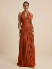 Sage Green Halter Neck Pleated Chiffon Evening Gown with Ruched
