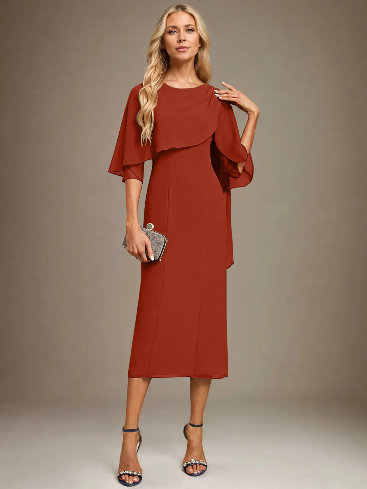 Column Scoop Tea Length Chiffon Dress With Pleated Beading
