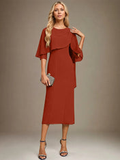 Sheath/Column Scoop Tea Length Chiffon Dress With Pleated Beading