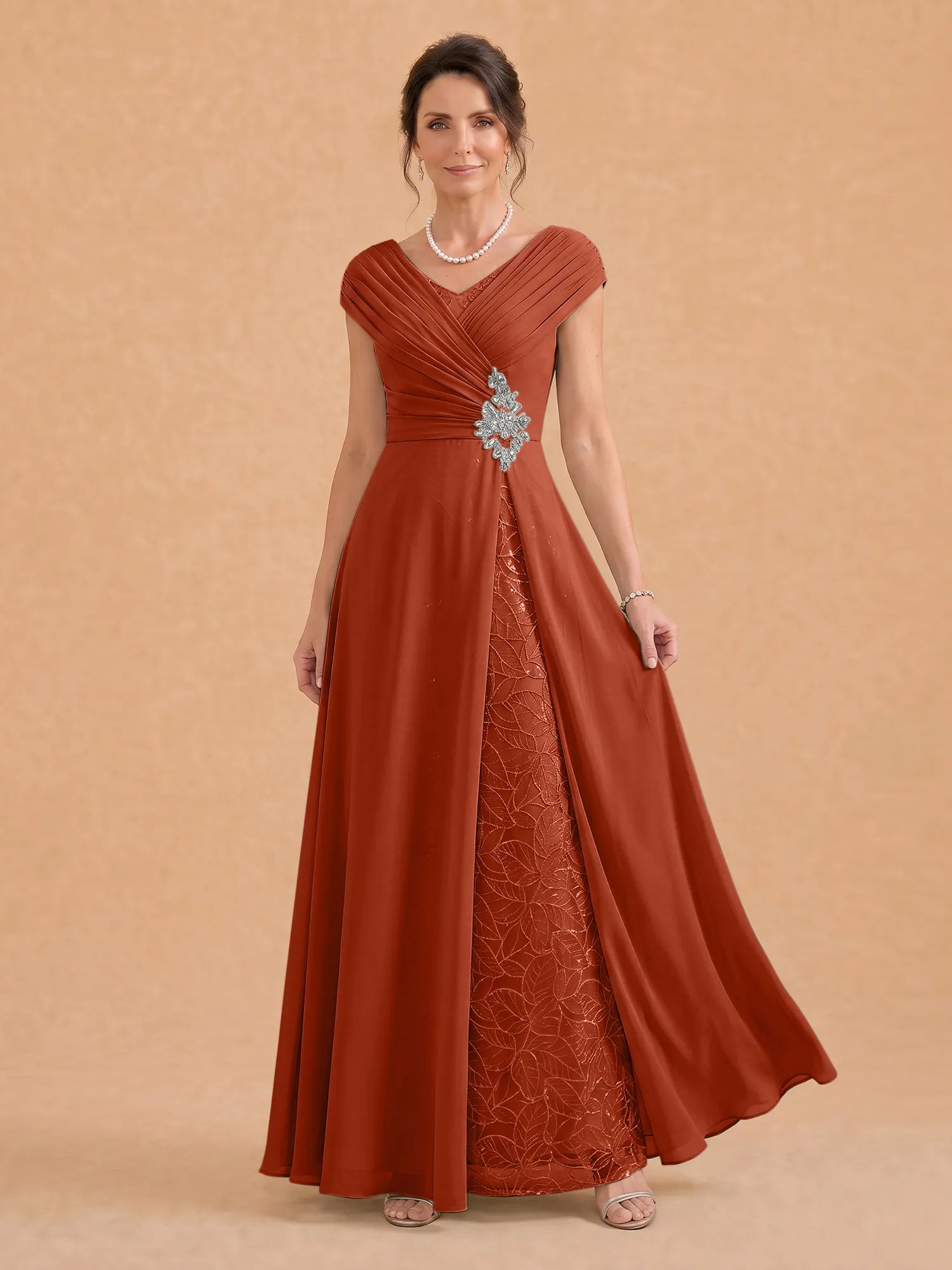 V-Neck Ruched Chiffon A-Line Mother of the Bride Dress with Crystal Brooch