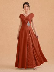 V-Neck Ruched Chiffon A-Line Mother of the Bride Dress with Crystal Brooch