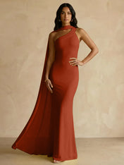 Yellow One-Shoulder Crepe Sheath Gown with Flowing Chiffon Cape Train