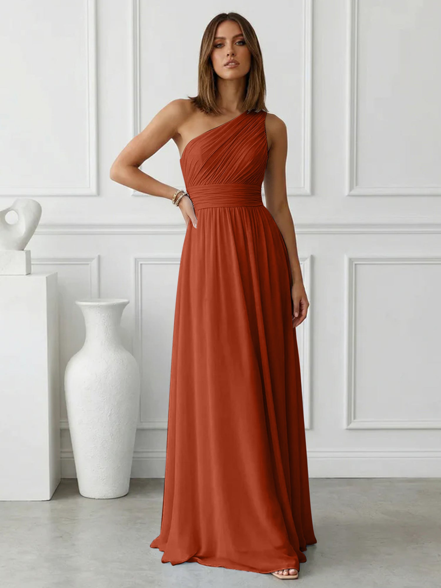 Timeless Light Blue One-Shoulder Maxi Dress Ruched Chiffon Gown