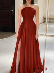 Red Pleated Chiffon Strapless Long Prom Dress with Slit