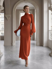 Ice Blue High-Neck Bishop Sleeve Gown Foraml Evening Dress