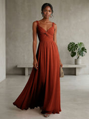 Elegant Soft Blush Twist-Front Chiffon Maxi Gown