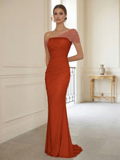Sophisticated Blush Pink Asymmetrical Ruched Maxi Dress Evening Gown