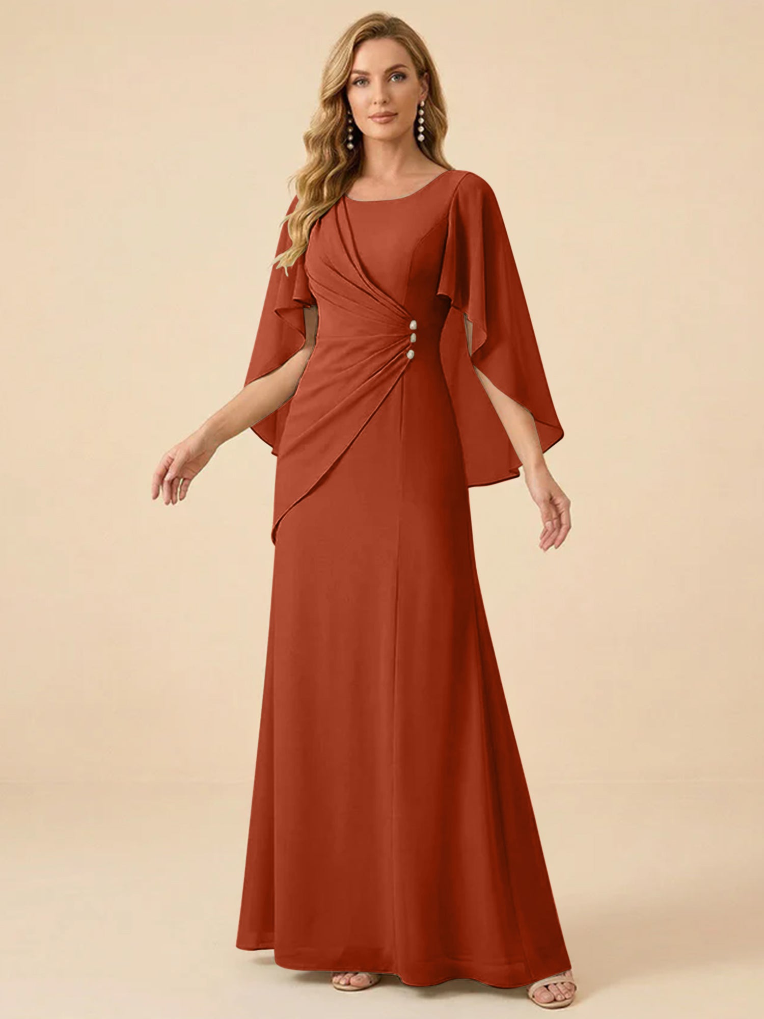 Sage Green Chiffon Beaded Mother of the Bride Dress with Cape Sleeves