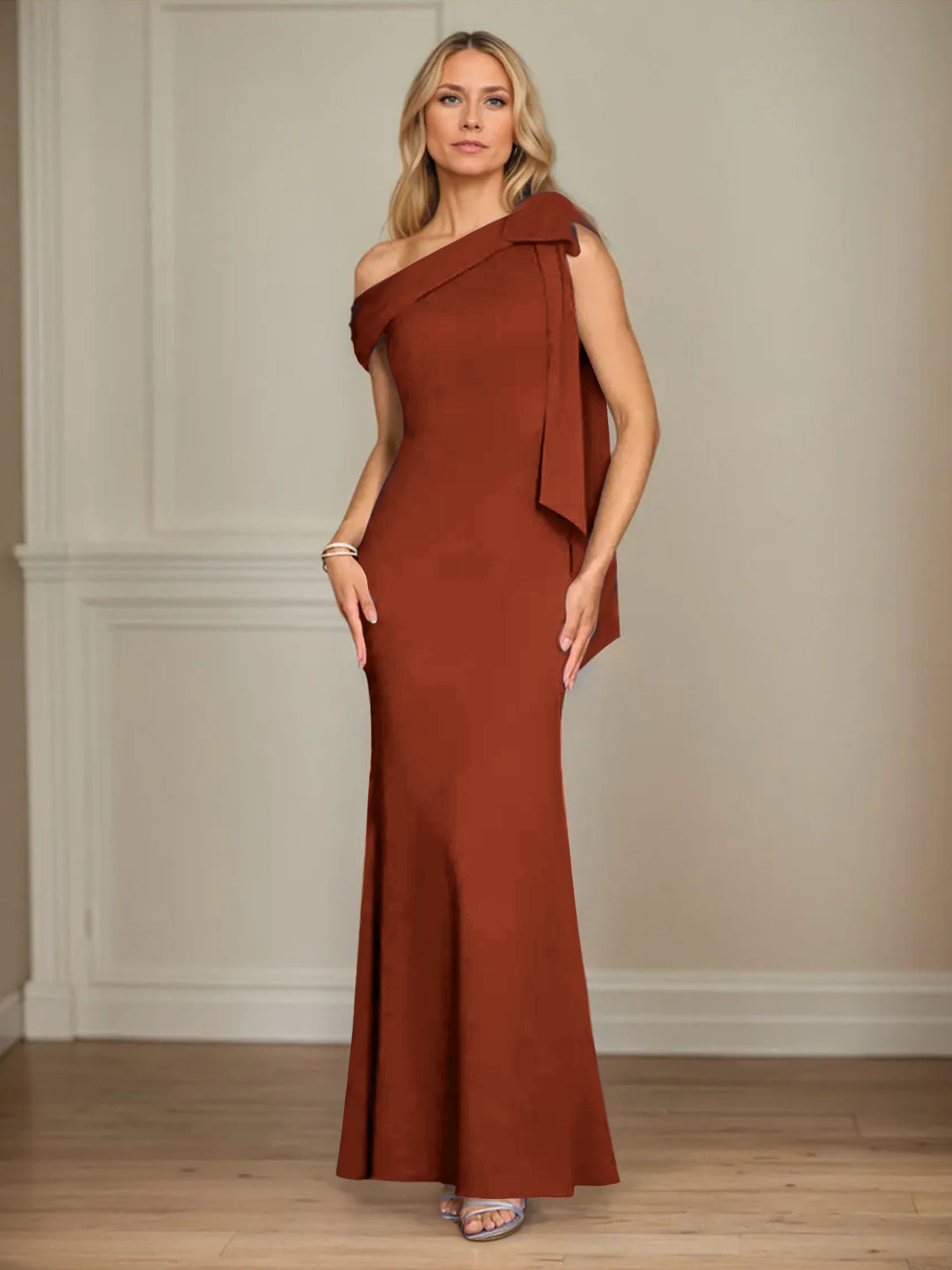 Mermaid One Shoulder Sleeveless Stretch Crepe Mother of the Bride Dress With Bow