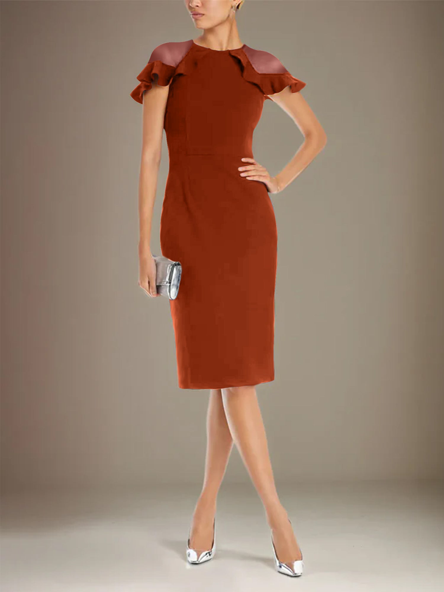 Column Stretch Crepe Scoop Short Sleeves Knee Length Dress