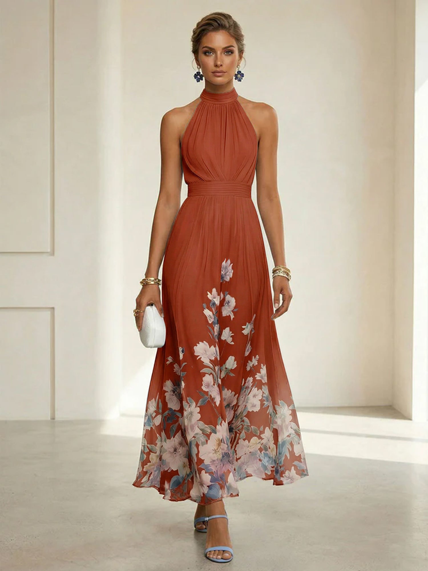 Light Blue Floral Chiffon Halter Sleeveless A-Line Maxi Dress Gown
