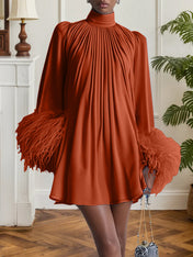 Blue Feather Ruched Chiffon Mock Neck Long Sleeve A-Line Mini Dress