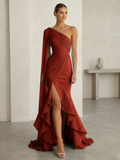 Glamorous Midnight Navy Formal Evening Dress One-Shoulder Ruched Cape Gown