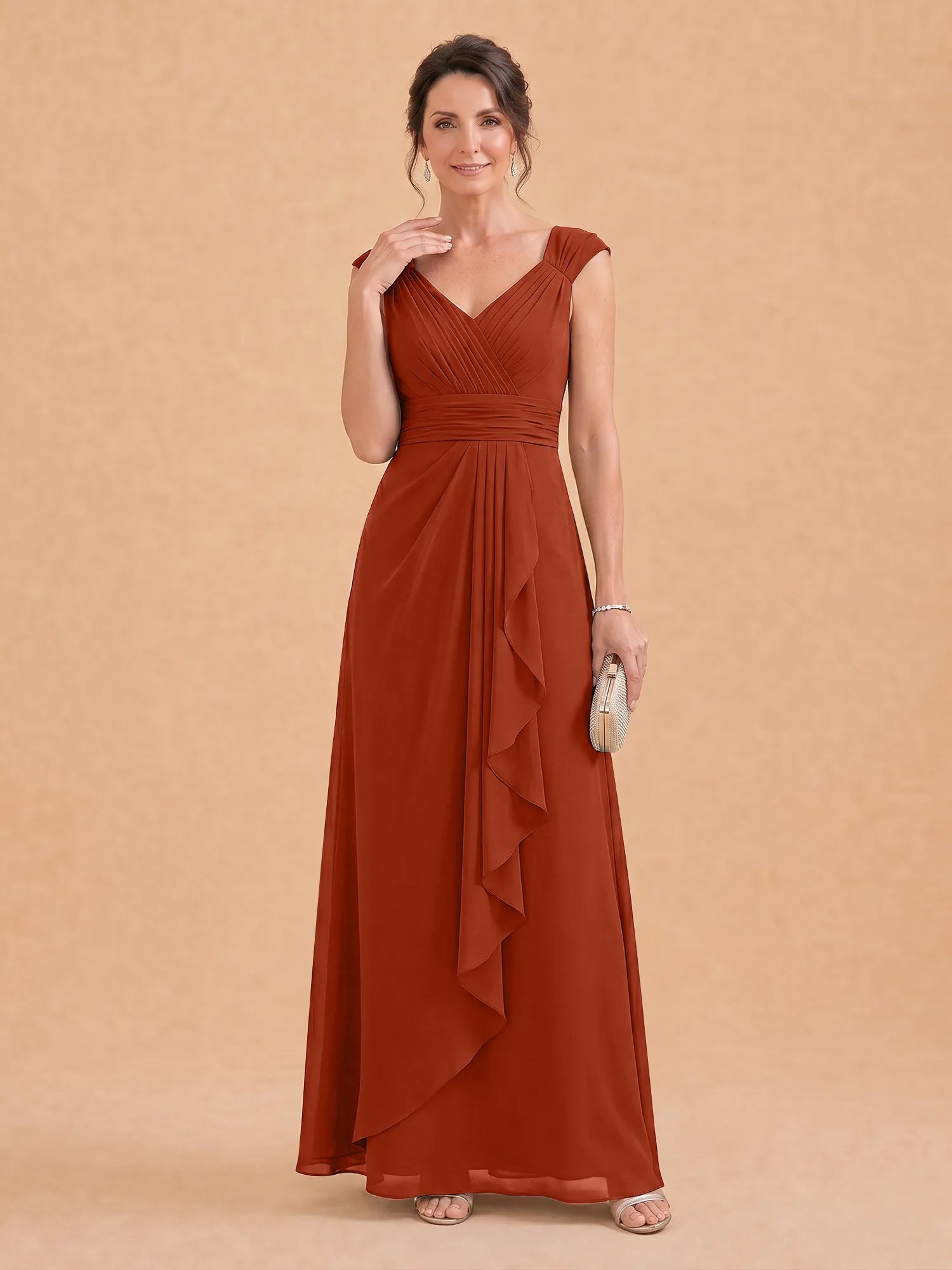V-Neck Ruched Chiffon A-Line Mother of the Bride Dress with Cascading Ruffle