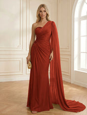 Sage Green One Shoulder Beaded Evening Gown with Cape Sleeve
