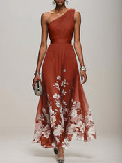 Light Blue Floral Chiffon One Shoulder Sleeveless A-Line Maxi Dress Gown