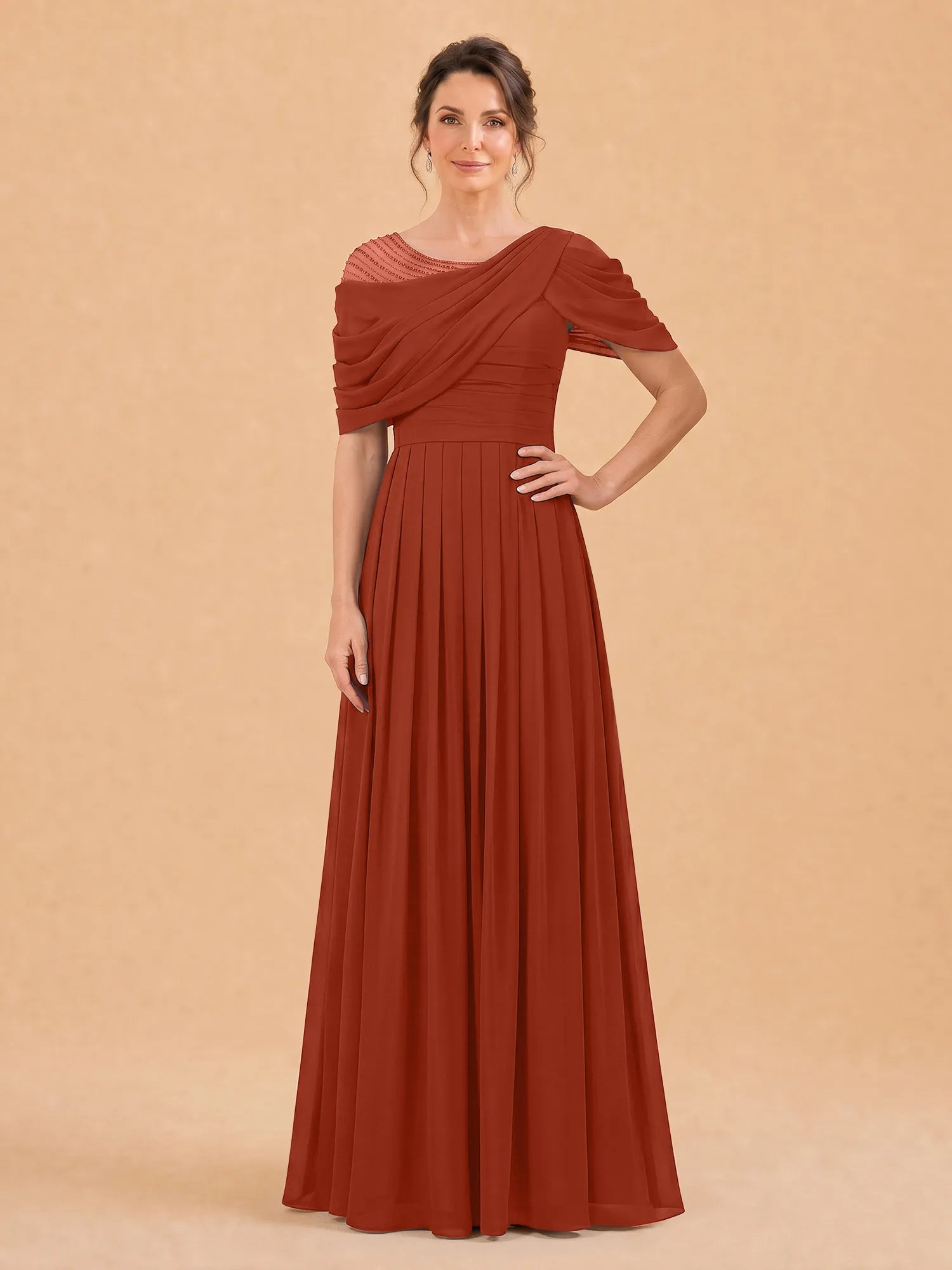 One-Shoulder Cape Overlay Chiffon Mother of the Bride Dress