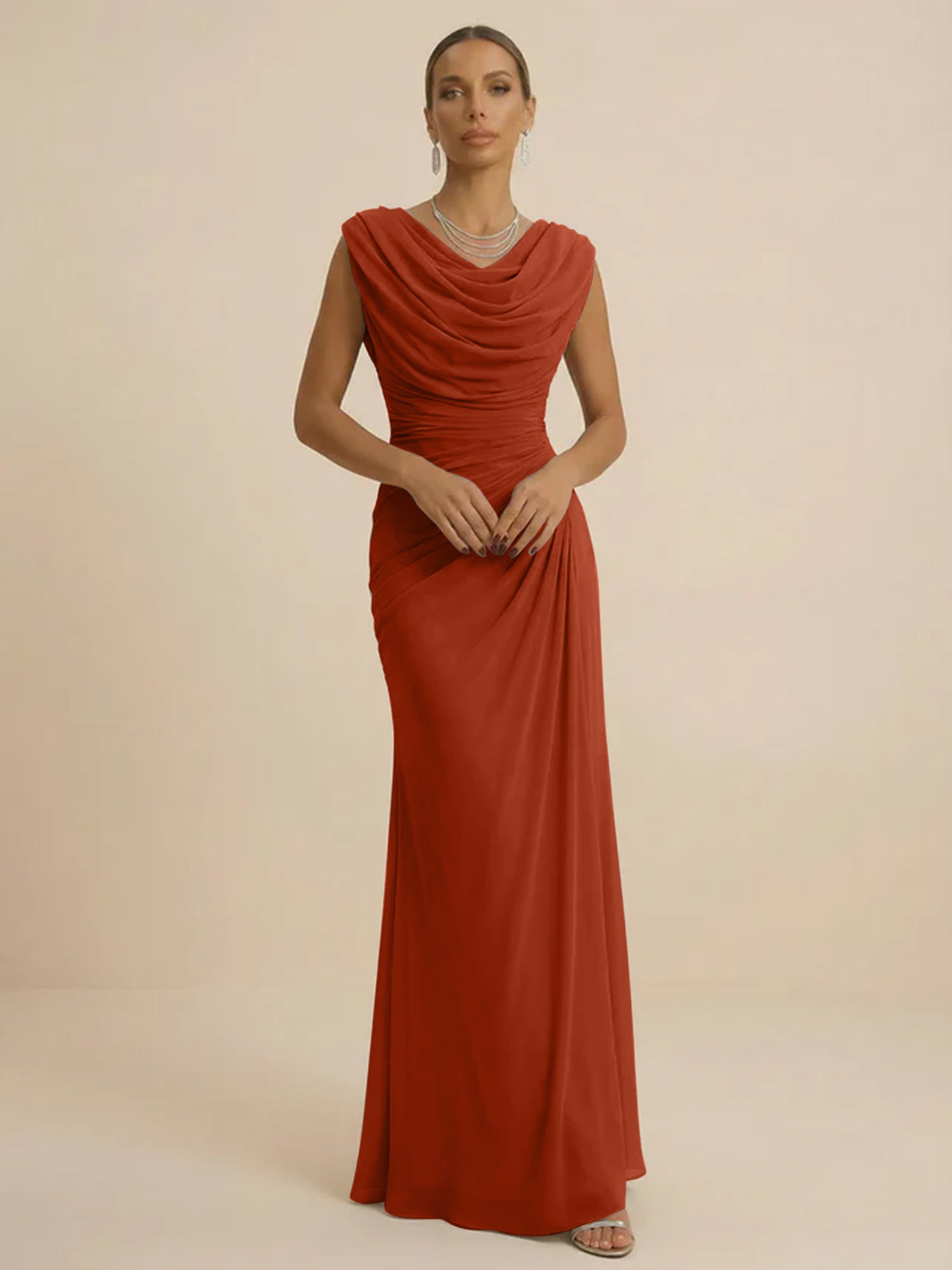 Dusty Grey Draped Cowl Neck Ruched Chiffon Evening Dresses