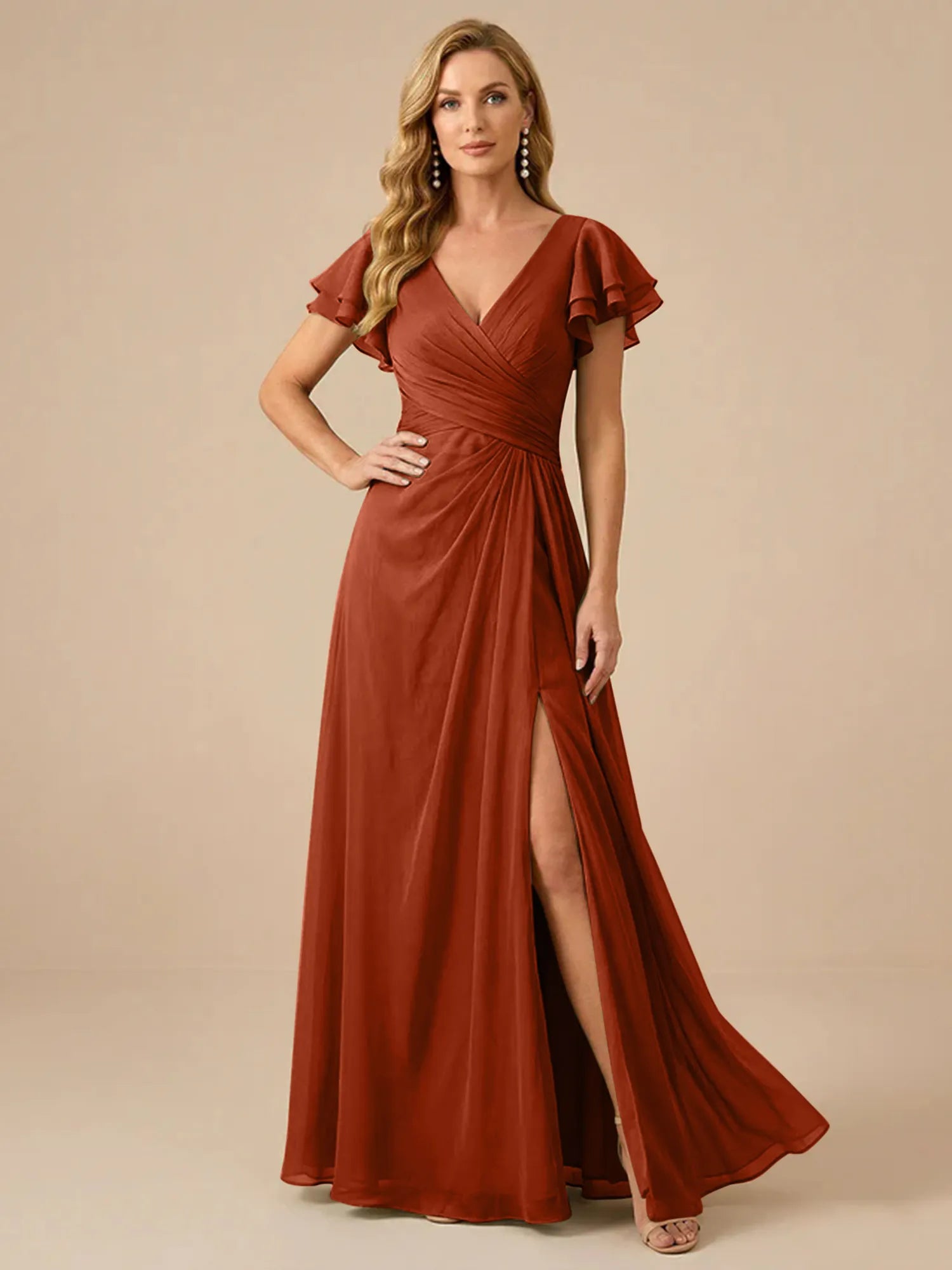 Sage Green V-Neck High-Slit Pleated Chiffon Dress