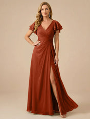 Sage Green V-Neck High-Slit Pleated Chiffon Dress