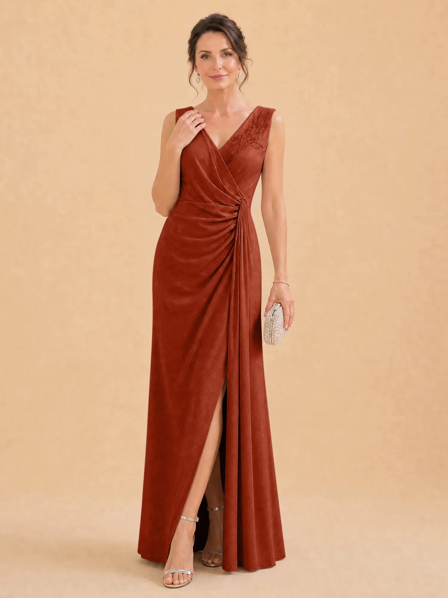 V-Neck Faux-Wrap Evening Gown with Side Draping Mother of The Bride Dresses