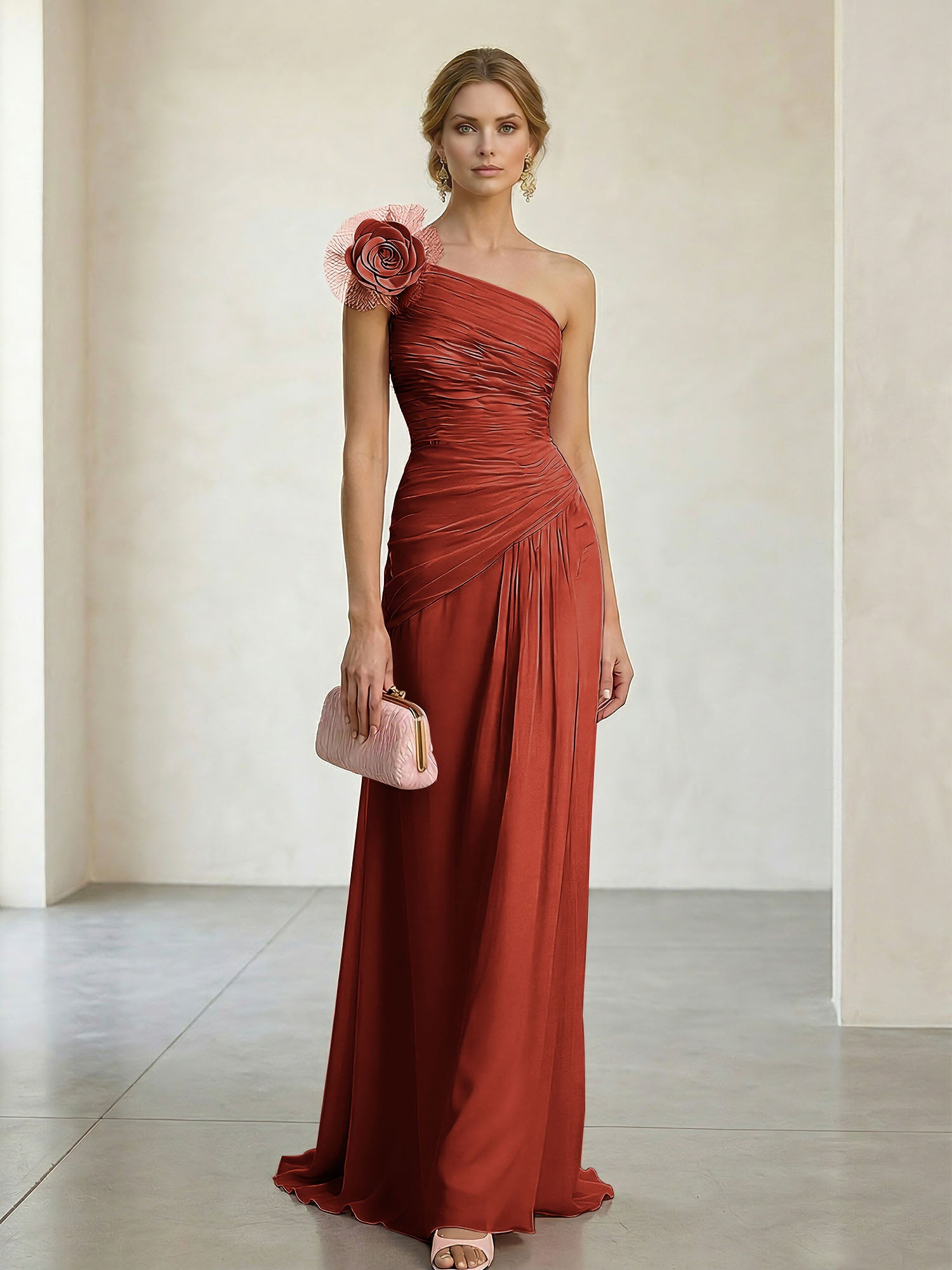Blush Pink One-Shoulder Ruched 3D Floral Gown Dress