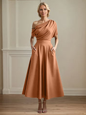 A Line Satin One Shoulder Pleated Ankle Length Mother of the Bride Dress