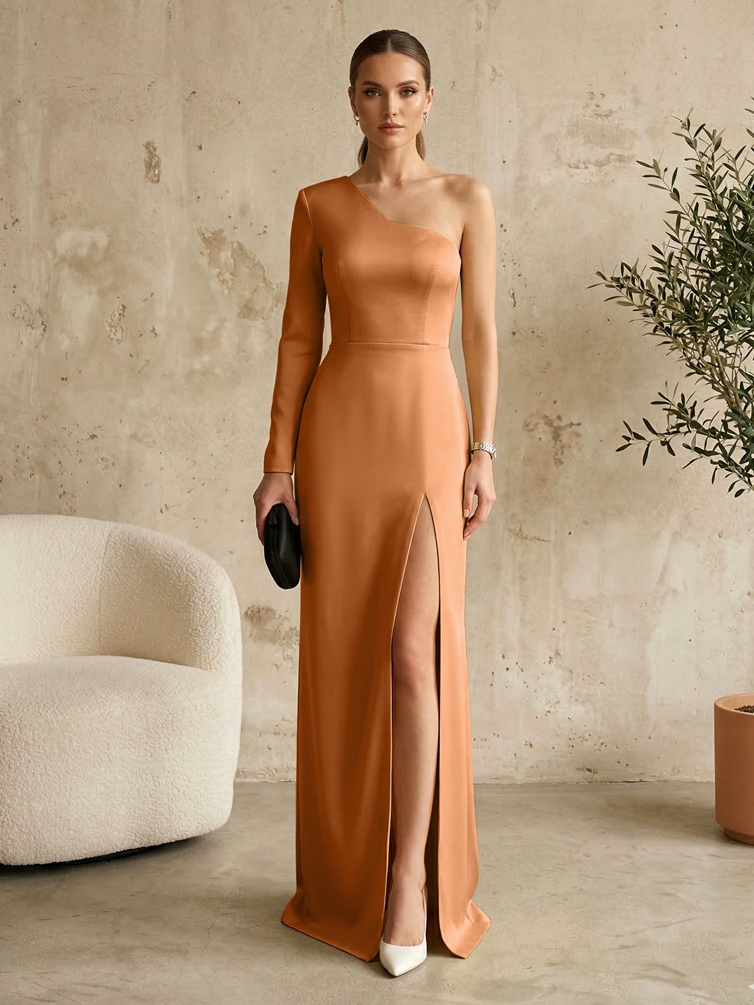 Long Sleeves Black One Shoulder Formal Dress Evening Gown